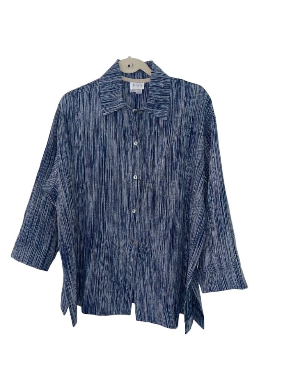 Go Lightly Womens Button Down Collared Blouse One Size Blue Pure Linen Lagenlook